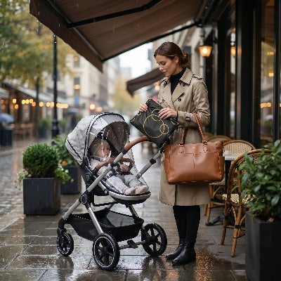 Housse de pluie universelle pour poussette Protect Bulle : maman sort le sac de rangement noir