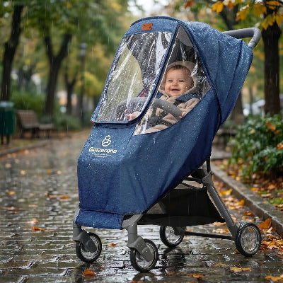 Housse de pluie universelle poussette : bébé dans son bouclier climatique bleu  pluie tombante