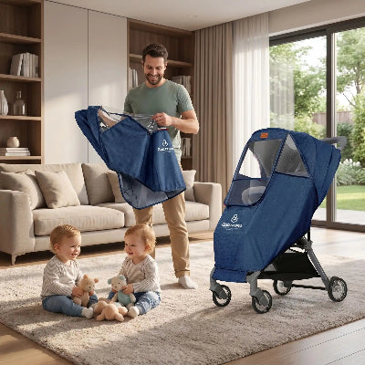 Housse de pluie universelle poussette bleue : papa pliant les housses facilement des jumeaux