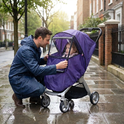 Housse de protection pour poussette 4 saisons unicolore bleu foncé : installation de la housse par papa avec sa fille.