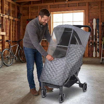 Housse de protection pour poussette universelle grise – Papa qui installe la housse sur poussette dans le garage du chalet