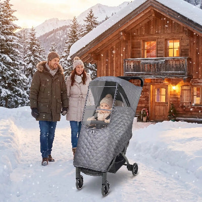 Housse de protection pour poussette universelle grise – bébé protégés des intempéries en sortie hivernale au chalet avec parents