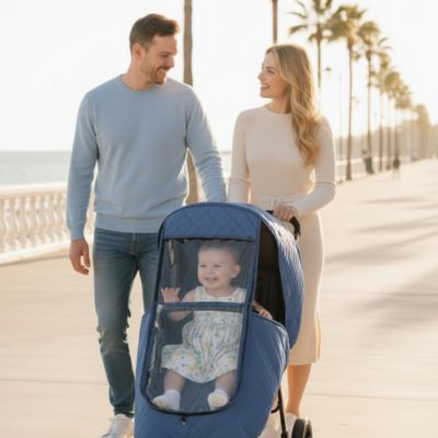 Housse de protection poussette imperméable bleue - famille en promenade par temps ensoleillé