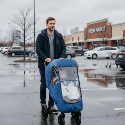 Housse de protection poussette pluie et vent – papa et bébé font les courses par temps gris