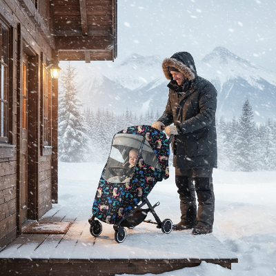 Housse imperméable poussette 4 saisons — bébé protégé du vent et de la neige au chalet canadien 🍁