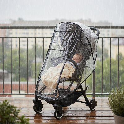 Housse imperméable transparente poussette — bébé dormant sur le balcon protégé sous la pluie