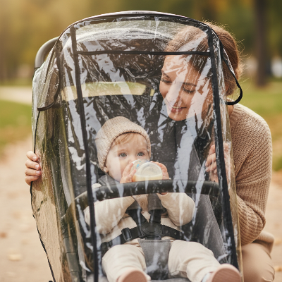 Housse imperméable transparente poussette — Maman regardant sa fille prendre son biberon à l'abri