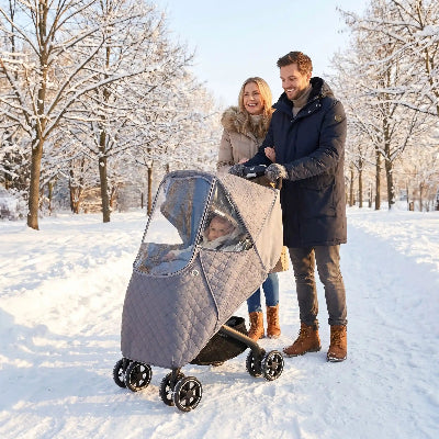 Housse pour poussette universelle chaude  grise – Promenade hivernale avec bébé au chalet 