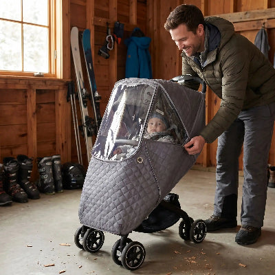 Housse pour poussette universelle chaude  grise – papa qui installe la housse sur la poussette dans le garage du chalet