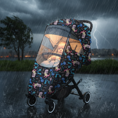 Housse protection poussette dinosaure — bébé bien protégé des intempéries pluie et vent