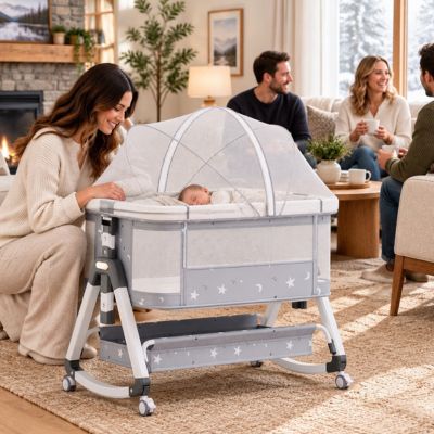 Lit d'appoint compact pour bébé étoile | BabyBedMobile™ – Dans le salon proche de maman et des invités