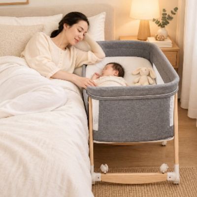 Lit de voyage bébé à bascule | FaitDodo™ – Maman en cododo avec bébé dans chambre