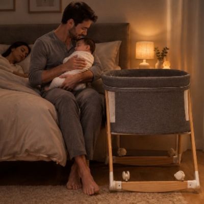 Lit de voyage bébé à bascule | FaitDodo™ – Papa qui berce bébé la nuit 