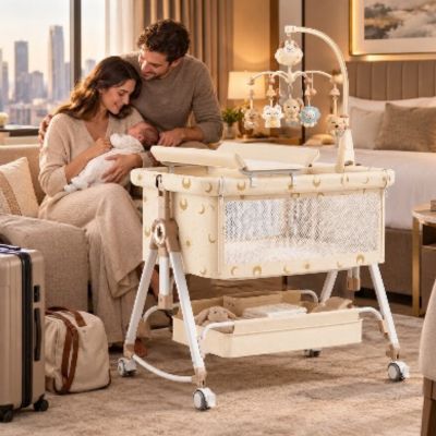 Lit de voyage bébé modulable | Lune étoilée – En voyage dans la chambre d'hôtel avec parents