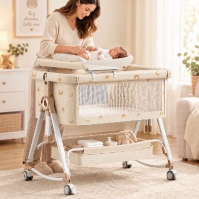 Lit de voyage bébé modulable | Lune étoilée – Moment rassurant avec maman lors du changement de couches