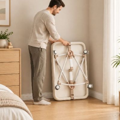Lit de voyage bébé modulable | Lune étoilée – Papa qui range dans un coin le lit