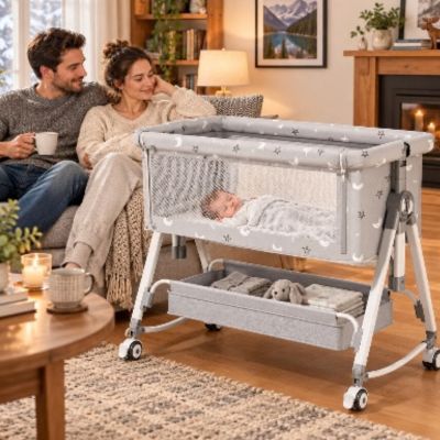 Lit de voyage bébé modulable | Lune étoilée – Une déco qui font dans la pièce en visite chez des amis