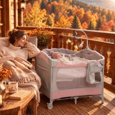 Lit de voyage bebe multifonctionnel | Rose – Maman et bébé faisant la sieste sur le balcon au chalet en automne