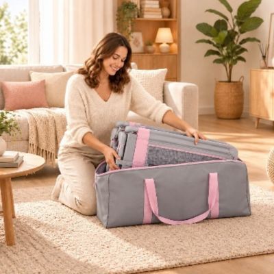 Lit de voyage bebe multifonctionnel | Rose – Maman qui range le lit dans le salon