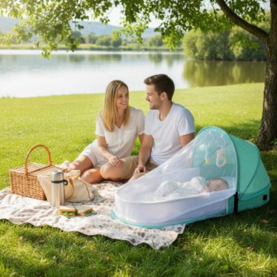 Lit de voyage portable bébé | Le vagabond : sieste en pique-nique devant le lac en famille