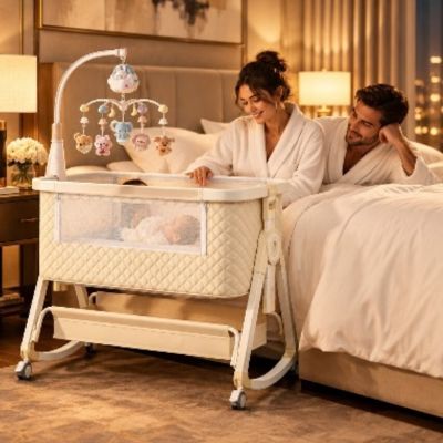 Lit de voyage pour bebe tout-en-un | Le Matelassé – Avec les parents dans la chambre d'hôtel