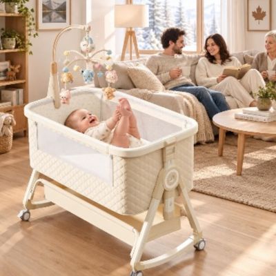 Lit de voyage pour bebe tout-en-un | Le Matelassé – Baby qui joue avec ses pieds sans que personne l'apperçoit