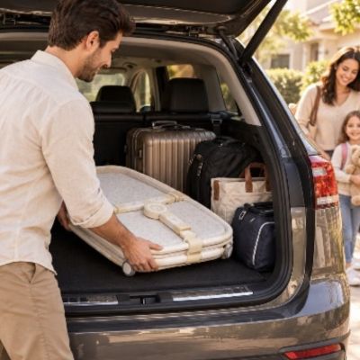 Lit de voyage pour bebe tout-en-un | Le Matelassé – Papa qui met les bagages dans le coffre de la voiture pour partir en visite chez grands-parents
