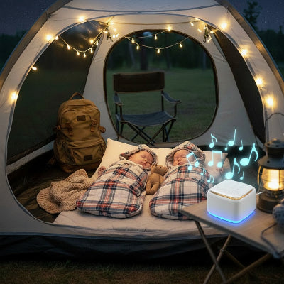 Machine bruit blanc nomade bébé 30 sons | GoldBaby™ – Jumeaux qui dorment dans une tente au camping