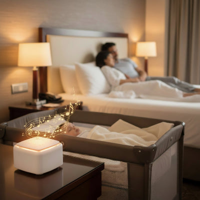 Machine bruit blanc nomade bébé 30 sons | GoldBaby™ – Nuitée dans un hôtel avec les parents.