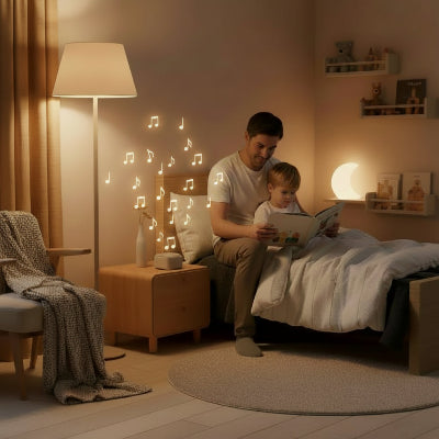Machine bruit blanc nomade bébé 30 sons | GoldBaby™ – Papa qui raconte une histoire à son fils ambiance cozy