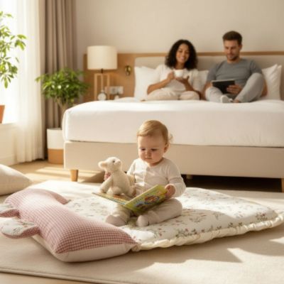 Matelas de sol portable Oie rose | Le Nomade – Bébé à l'hôtel qui regarde un livre tranquille avec papa et maman près de lui.