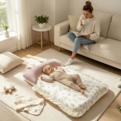 Matelas de sol portable Oie rose | Le Nomade – Bébé somnolant dans son espace de détente