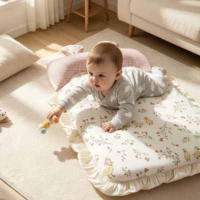 Matelas de sol portable Oie rose | Le Nomade – Bébé qui développe sa motricité en attrapant un jouet librement