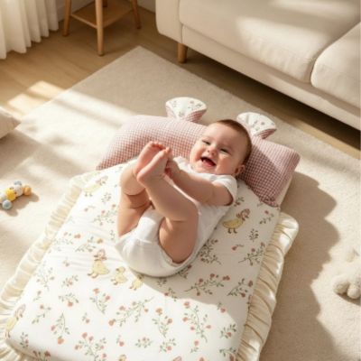 Matelas de sol portable Oie rose | Le Nomade – Bébé souriant qui joue avec ses pieds