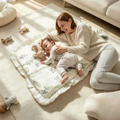 Matelas de sol portable bébé Lapin vert | Le Nomade – Moment de détente avec maman au sol