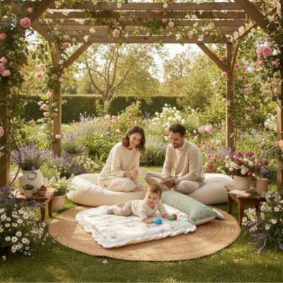 Matelas de sol portable bébé Lapin vert | Le Nomade – Sous la pergola dans le jardin avec parents nomades