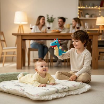 Matelas de sol portable bébé Lapin vert | Le Nomade – en visite chez des amis, enfant et sa marionnette