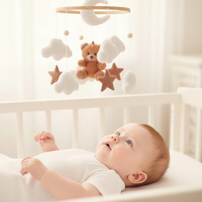 Mobile lit bébé ours brun musical | WoodenCribBell™ – Développement sensoriel