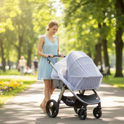 Moustiquaire bebe poussette au parc avec maman