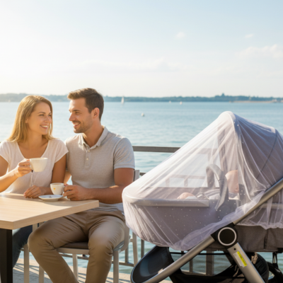 Moustiquaire bebe poussette café au bord de l'eau avec papa et maman