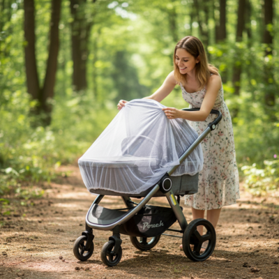 Moustiquaire bebe poussette marche en forêt avec maman
