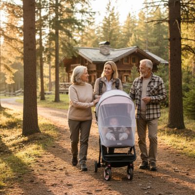 Moustiquaire bebe universelle blanche BabyNet promenade en forêt parents et bébé