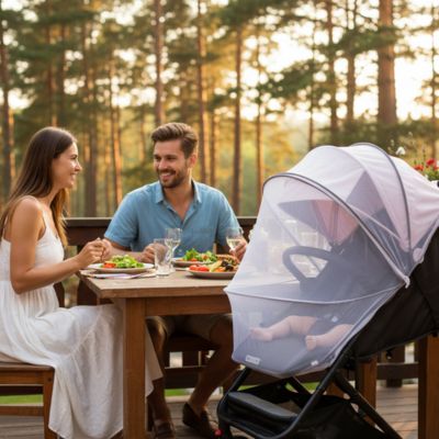 Moustiquaire bebe universelle blanche BabyNet repas sur la terrasse du chalet