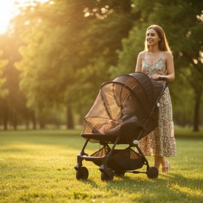 Moustiquaire bebe universelle noire BabyNet maman au parc avec bébé