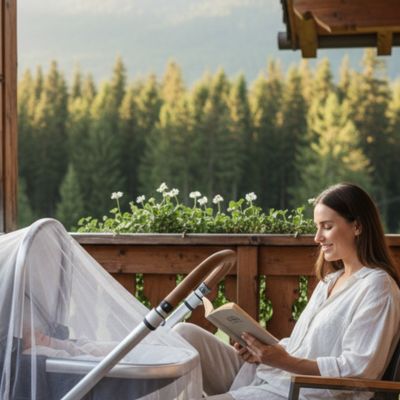 Moustiquaire pour poussette blanc  BabyNetColor™ – bébé dodo sur balcon au chalet