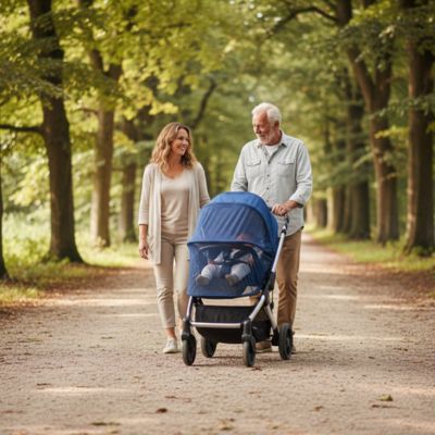 Moustiquaire pour poussette bleu BabyNetColor™ – promenade avec papy et mamie 