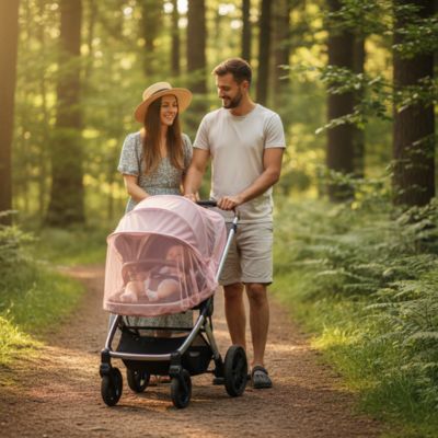 Moustiquaire pour poussette rose  BabyNetColor™ – promenade en forêt avec parents 