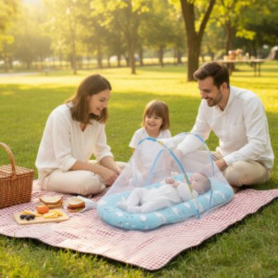 Nid bébé avec moustiquaire intégrée | SleepNest™ – Bleu – Famille en pique-nique