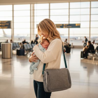 Nid bebe portable | Le voyageur – Maman mains libres à l'aéroport avec bébé dans bras