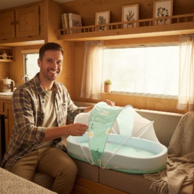 Nid pour bebe de voyage antimoustiques | Fleur – Papa qui prépare le cocon de bébé dans roulotte